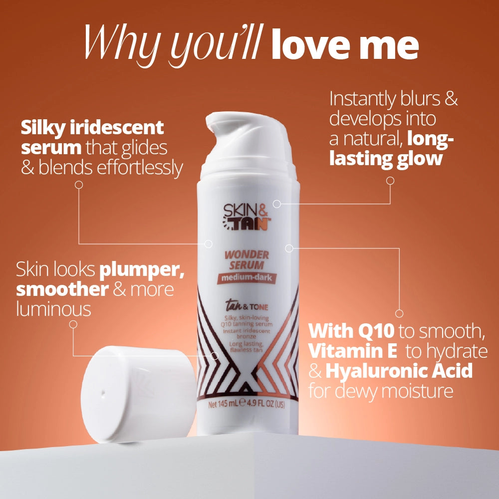 Why you'll love Wonder Serum: Silky iridescent serum that glides and blends effortlessly, skin looks plumper, smoother and more luminous, instantly blurs and develops into a natural long lasting glow, with Q10 to smooth, Vitamin E to hydrate and Hyaluronic Acid for dewy moisture