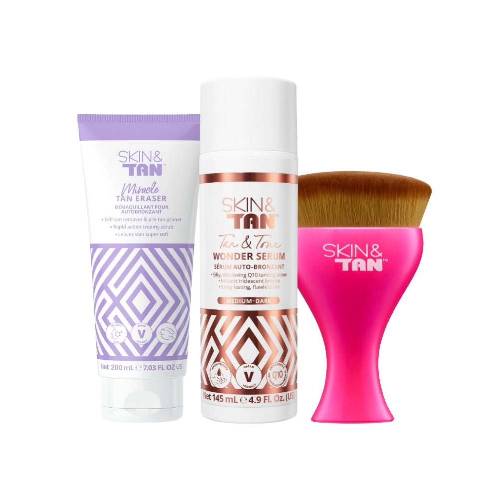 The Tan Your Skin Deserves Wonder Bundle product image including Skinny Tan Wonder Serum, Miracle Tan Eraser, Body Buffing Brush
